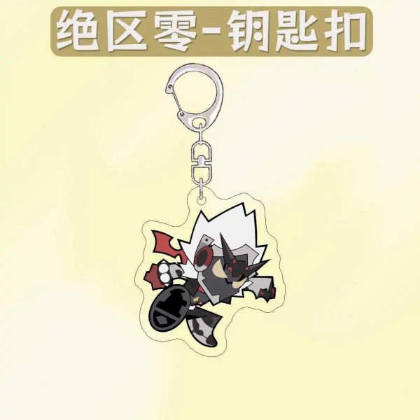 Collection of four ZZZ chibi acrylic keychains featuring Pulomiya and Billy Kid with funny emoji expressions like sad rain and blowing hearts
