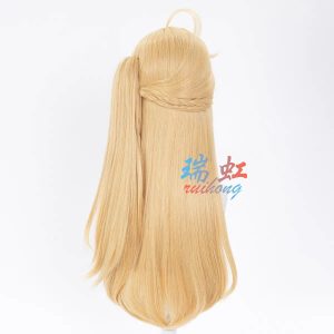 High-quality blonde ZZZ Cissia cosplay wig on a mannequin, featuring a 45cm claw clip ponytail and a realistic top scalp.