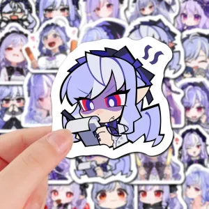 A collection of high-definition die-cut Zenless Zone Zero vinyl chibi stickers showing various cute, expressive poses of Section 6 character Tsukishiro Yanagi with light purple hair and ruby eyes.