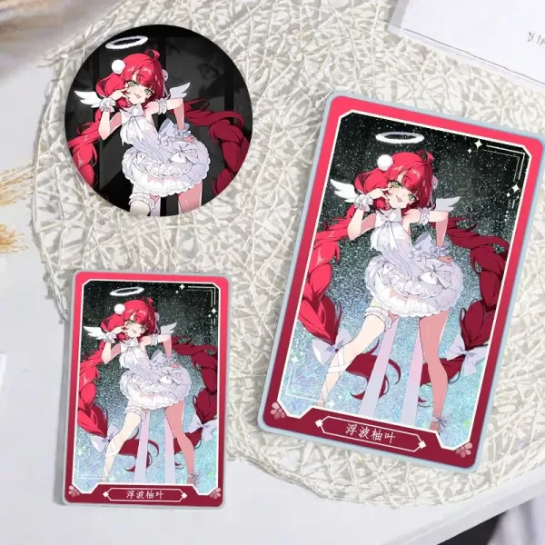 A premium Zenless Zone Zero merchandise set featuring character Ukiha Yuzuha as a white-winged angel on a round pin badge and inside rectangular acrylic quicksand mahjong blocks