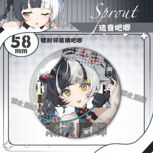 Round 58mm Zenless Zone Zero tinplate fan badge showing character Liuyin with split black and white hair and yellow eyes covered in a shimmering laser shattered-glass holographic film.