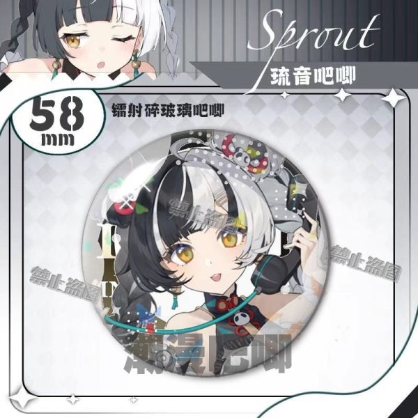 Round 58mm Zenless Zone Zero tinplate fan badge showing character Liuyin with split black and white hair and yellow eyes covered in a shimmering laser shattered-glass holographic film.