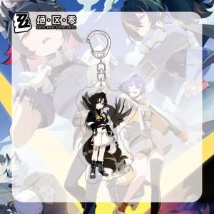 Two dual-sided clear Zenless Zone Zero acrylic chibi standees that convert into keychains, showing character Yeshiyuan with a black shadow wolf and character Sunna with brown fox ears and glasses.