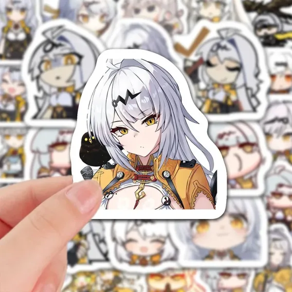 A collection of high-definition die-cut Zenless Zone Zero vinyl chibi stickers showing various cute, expressive poses of character Yixuan with white hair, yellow eyes, and a orange outfit.