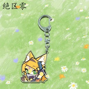 Three clear Zenless Zone Zero acrylic chibi keychains showing character Caesar looking at a tablet, character Trigger blushing with a visor, and character Pulchra smirking with cat ears.