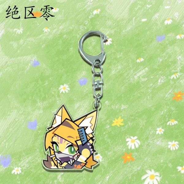 Three clear Zenless Zone Zero acrylic chibi keychains showing character Caesar looking at a tablet, character Trigger blushing with a visor, and character Pulchra smirking with cat ears.