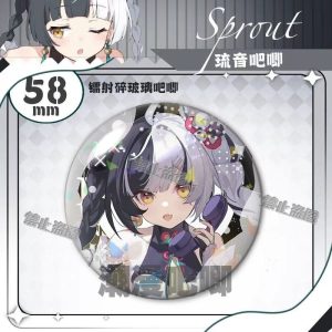 Round 58mm Zenless Zone Zero tinplate fan badge showing character Liuyin with split black and white hair and yellow eyes covered in a shimmering laser shattered-glass holographic film.