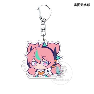 Several separate clear Zenless Zone Zero acrylic chibi keychains showing characters Irene and Nanomiya Yu pulling funny emoji expressions like pouting, crying from a chili pepper, and holding a microphone.