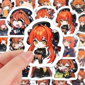 A collection of high-definition die-cut Zenless Zone Zero vinyl chibi stickers showing various cute, expressive poses of character Orpheus with orange hair, green eyes, and horns.
