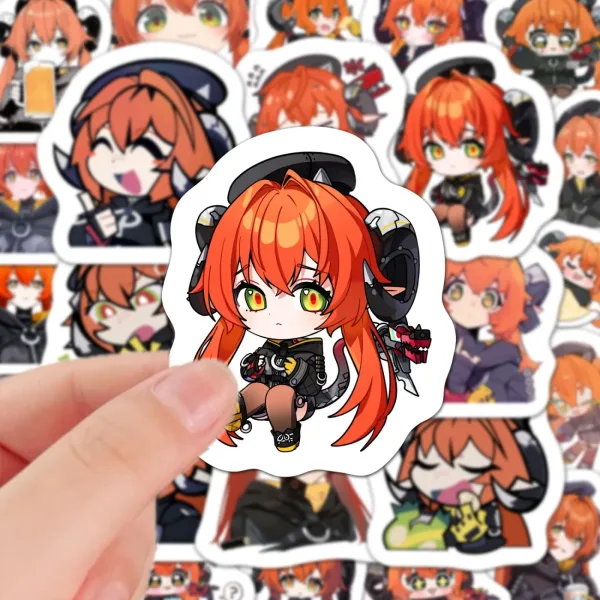 A collection of high-definition die-cut Zenless Zone Zero vinyl chibi stickers showing various cute, expressive poses of character Orpheus with orange hair, green eyes, and horns.