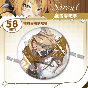 Round 58mm Zenless Zone Zero tinplate fan badge showing character Pokona with feline ears, blonde hair, and green eyes covered in a shimmering laser shattered-glass holographic film.