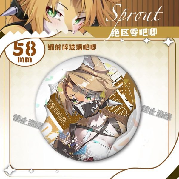 Round 58mm Zenless Zone Zero tinplate fan badge showing character Pokona with feline ears, blonde hair, and green eyes covered in a shimmering laser shattered-glass holographic film.