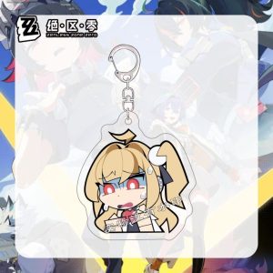 Four separate clear Zenless Zone Zero acrylic chibi keychains showing character Nanomiya Yu whistling music and sorting coins, and character Cephora looking panicked and smirking.