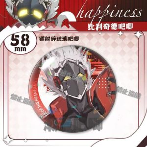 Round 58mm Zenless Zone Zero tinplate fan badge showing character Billy Kid with a mechanical mask and white hair covered in a shimmering laser shattered-glass holographic film.