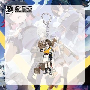 Two dual-sided clear Zenless Zone Zero acrylic chibi standees that convert into keychains, showing character Yeshiyuan with a black shadow wolf and character Sunna with brown fox ears and glasses.