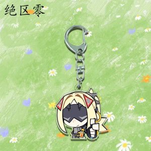 Three clear Zenless Zone Zero acrylic chibi keychains showing character Caesar looking at a tablet, character Trigger blushing with a visor, and character Pulchra smirking with cat ears.