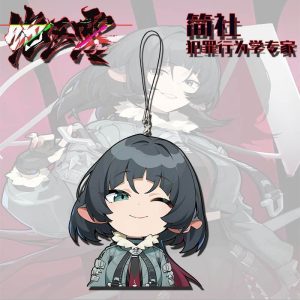 Four separate clear Zenless Zone Zero acrylic chibi phone charms on black strap loops showing character Jane Doe pulling cute emoji expressions like winking, pouting, and smiling with green eyes.