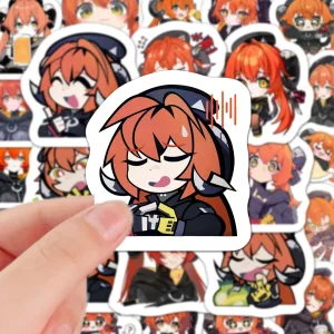 A collection of high-definition die-cut Zenless Zone Zero vinyl chibi stickers showing various cute, expressive poses of character Orpheus with orange hair, green eyes, and horns.