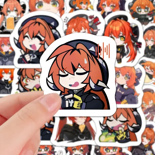A collection of high-definition die-cut Zenless Zone Zero vinyl chibi stickers showing various cute, expressive poses of character Orpheus with orange hair, green eyes, and horns.