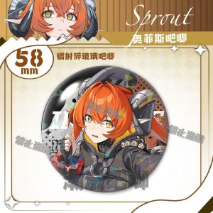 Round $58\text{mm}$ Zenless Zone Zero tinplate fan badge showing character Orpheus with orange hair, green eyes, and horns covered in a shimmering laser shattered-glass holographic film.