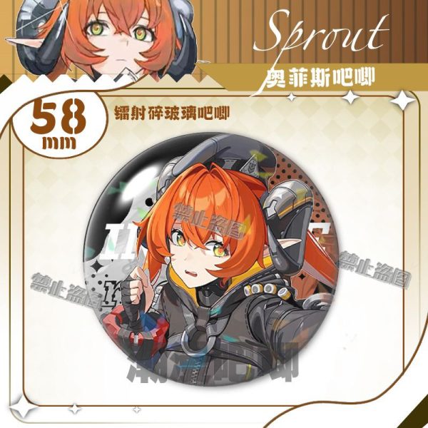 Round $58\text{mm}$ Zenless Zone Zero tinplate fan badge showing character Orpheus with orange hair, green eyes, and horns covered in a shimmering laser shattered-glass holographic film.