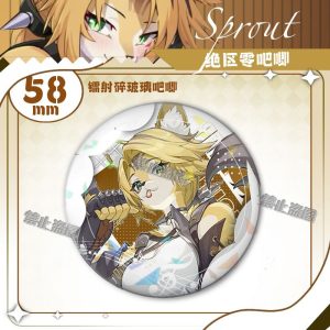 Round 58mm Zenless Zone Zero tinplate fan badge showing character Pokona with feline ears, blonde hair, and green eyes covered in a shimmering laser shattered-glass holographic film.