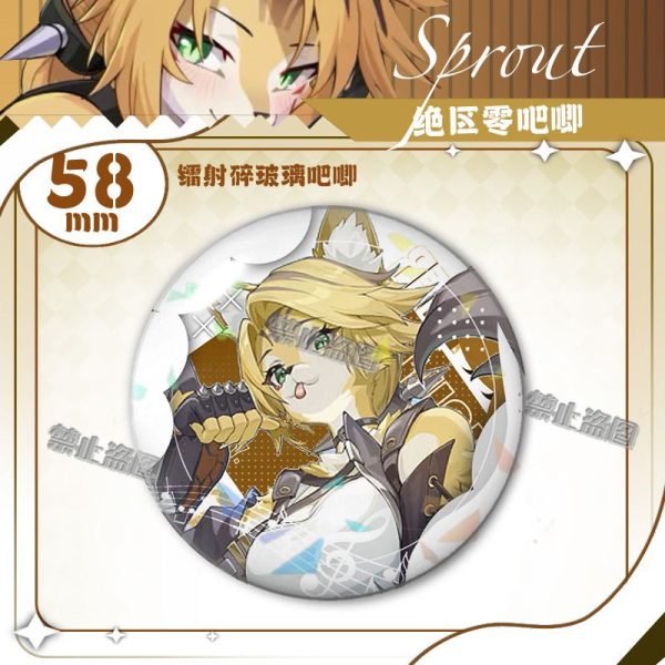 Round 58mm Zenless Zone Zero tinplate fan badge showing character Pokona with feline ears, blonde hair, and green eyes covered in a shimmering laser shattered-glass holographic film.