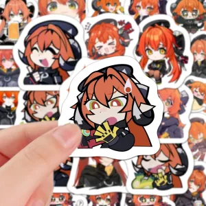 A collection of high-definition die-cut Zenless Zone Zero vinyl chibi stickers showing various cute, expressive poses of character Orpheus with orange hair, green eyes, and horns.