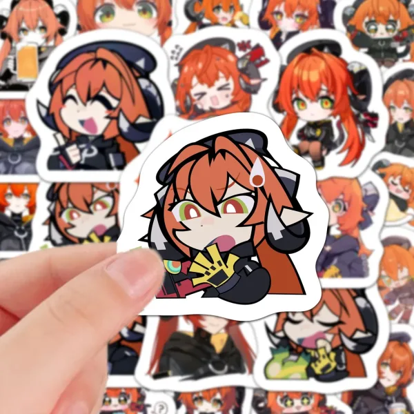 A collection of high-definition die-cut Zenless Zone Zero vinyl chibi stickers showing various cute, expressive poses of character Orpheus with orange hair, green eyes, and horns.