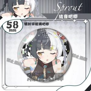 Round 58mm Zenless Zone Zero tinplate fan badge showing character Liuyin with split black and white hair and yellow eyes covered in a shimmering laser shattered-glass holographic film.