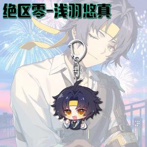 Two clear Zenless Zone Zero acrylic chibi keychains showing character Asaba Harumasa with a yellow headband smiling with wide orange eyes and winking with a raised fist.