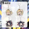 Four separate clear Zenless Zone Zero acrylic chibi keychains showing character Nanomiya Yu whistling music and sorting coins, and character Cephora looking panicked and smirking.
