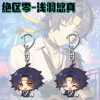 Two clear Zenless Zone Zero acrylic chibi keychains showing character Asaba Harumasa with a yellow headband smiling with wide orange eyes and winking with a raised fist.