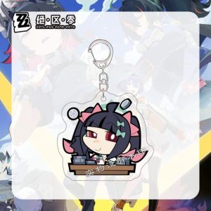 Four separate clear Zenless Zone Zero acrylic chibi keychains showing character Nanomiya Yu whistling music and sorting coins, and character Cephora looking panicked and smirking.
