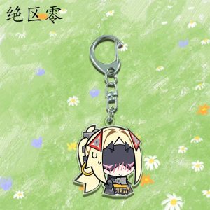 Three clear Zenless Zone Zero acrylic chibi keychains showing character Caesar looking at a tablet, character Trigger blushing with a visor, and character Pulchra smirking with cat ears.