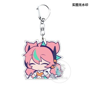 Several separate clear Zenless Zone Zero acrylic chibi keychains showing characters Irene and Nanomiya Yu pulling funny emoji expressions like pouting, crying from a chili pepper, and holding a microphone.