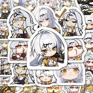A collection of high-definition die-cut Zenless Zone Zero vinyl chibi stickers showing various cute, expressive poses of character Yixuan with white hair, yellow eyes, and a orange outfit.
