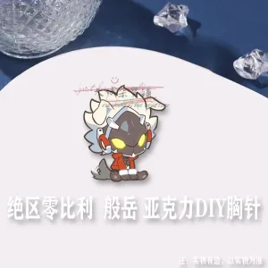 Two clear Zenless Zone Zero acrylic chibi DIY brooches showing character Billy Kid as a sitting wolf and character Manyue as a sitting robotic lion with glowing yellow eyes.