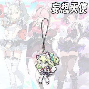 Three separate Zenless Zone Zero acrylic chibi phone charms on black strap loops featuring cute winged angel characters with green, pink, and dark purple hair.