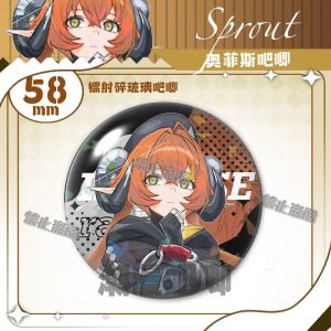 Round $58\text{mm}$ Zenless Zone Zero tinplate fan badge showing character Orpheus with orange hair, green eyes, and horns covered in a shimmering laser shattered-glass holographic film.