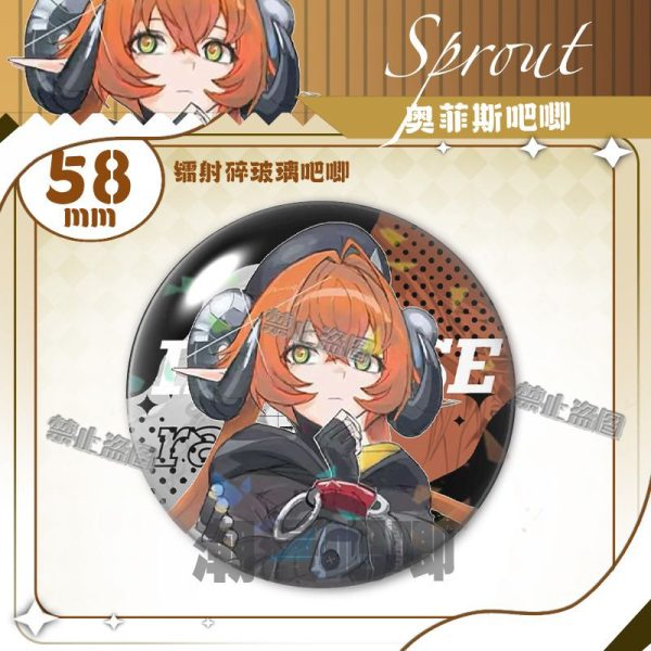 Round $58\text{mm}$ Zenless Zone Zero tinplate fan badge showing character Orpheus with orange hair, green eyes, and horns covered in a shimmering laser shattered-glass holographic film.