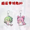 Two separate Zenless Zone Zero acrylic chibi keychains showing character Nanomiya Yu as a blushing green cat and character Irene as a pouting pink cat with twintail ears.