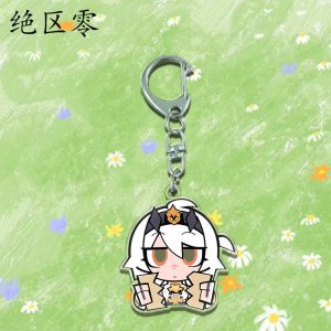 Three clear Zenless Zone Zero acrylic chibi keychains showing character Caesar looking at a tablet, character Trigger blushing with a visor, and character Pulchra smirking with cat ears.