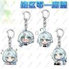 Four separate clear Zenless Zone Zero acrylic chibi keychains showing character Xide with light blue hair and green eyes pulling funny emoji expressions like acting confused, panicked, and smiling with sparkles.