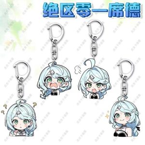 Four separate clear Zenless Zone Zero acrylic chibi keychains showing character Xide with light blue hair and green eyes pulling funny emoji expressions like acting confused, panicked, and smiling with sparkles.