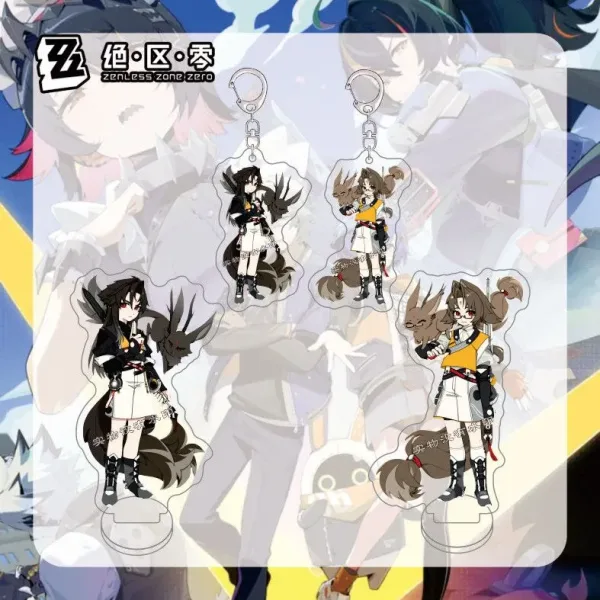 Two dual-sided clear Zenless Zone Zero acrylic chibi standees that convert into keychains, showing character Yeshiyuan with a black shadow wolf and character Sunna with brown fox ears and glasses.