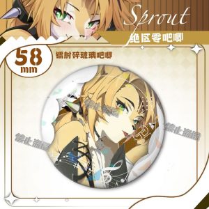 Round 58mm Zenless Zone Zero tinplate fan badge showing character Pokona with feline ears, blonde hair, and green eyes covered in a shimmering laser shattered-glass holographic film.