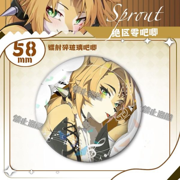 Round 58mm Zenless Zone Zero tinplate fan badge showing character Pokona with feline ears, blonde hair, and green eyes covered in a shimmering laser shattered-glass holographic film.