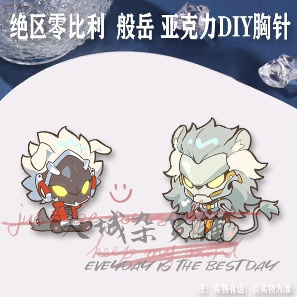 Two clear Zenless Zone Zero acrylic chibi DIY brooches showing character Billy Kid as a sitting wolf and character Manyue as a sitting robotic lion with glowing yellow eyes.