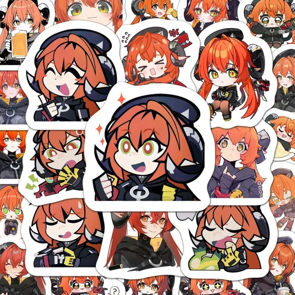 A collection of high-definition die-cut Zenless Zone Zero vinyl chibi stickers showing various cute, expressive poses of character Orpheus with orange hair, green eyes, and horns.